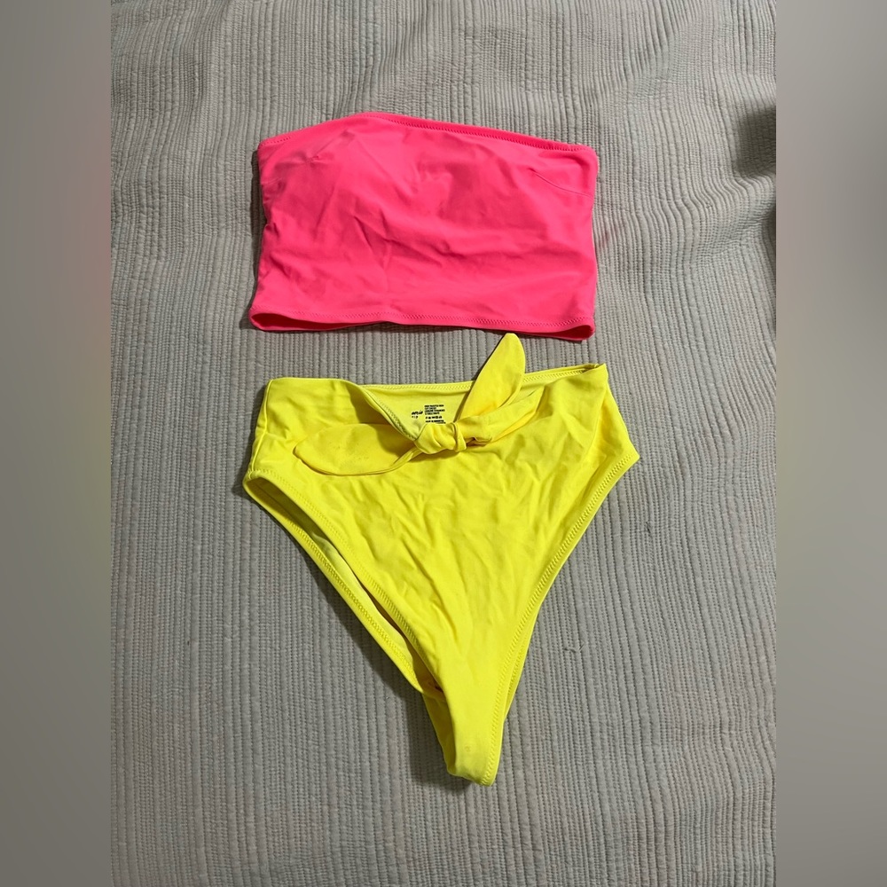 Aerie long neon pink padded bikini top (padded) + yellow high waisted bottoms